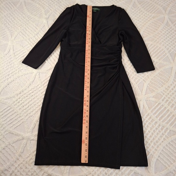 Lauren Ralph Lauren Black Faux Wrap Ruched V-Neck Dress 10P Petite 3/4 Sleeve - Picture 3 of 10